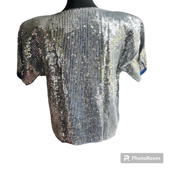 Vintage 80s Joseph le Bon Silver Blue Sequin Silk Short Sleeve Blouse Size Med - Picture 4 of 9